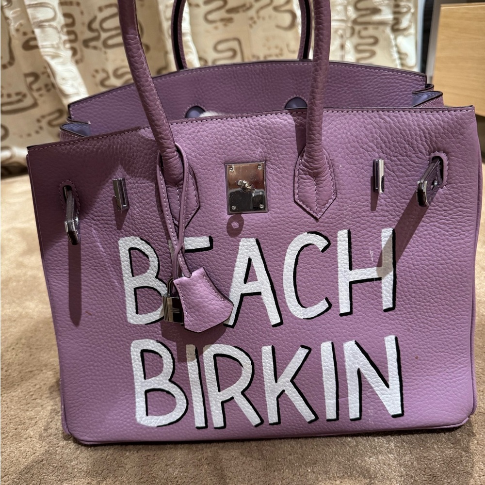 Purple Textured Leather Tote with hand painted Beach Birkin